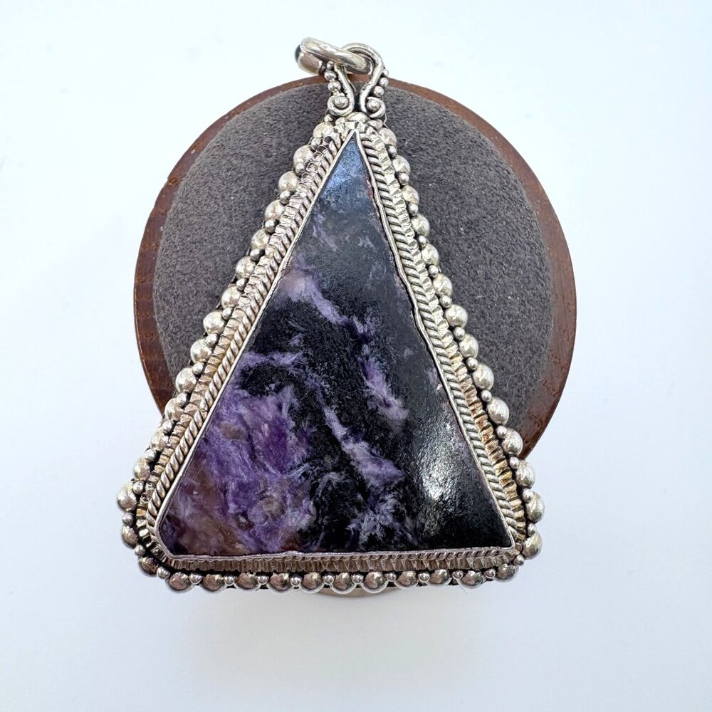 Southwestern Style Charoite Triangular Pendant Sterling Silver Size 2.75" Length